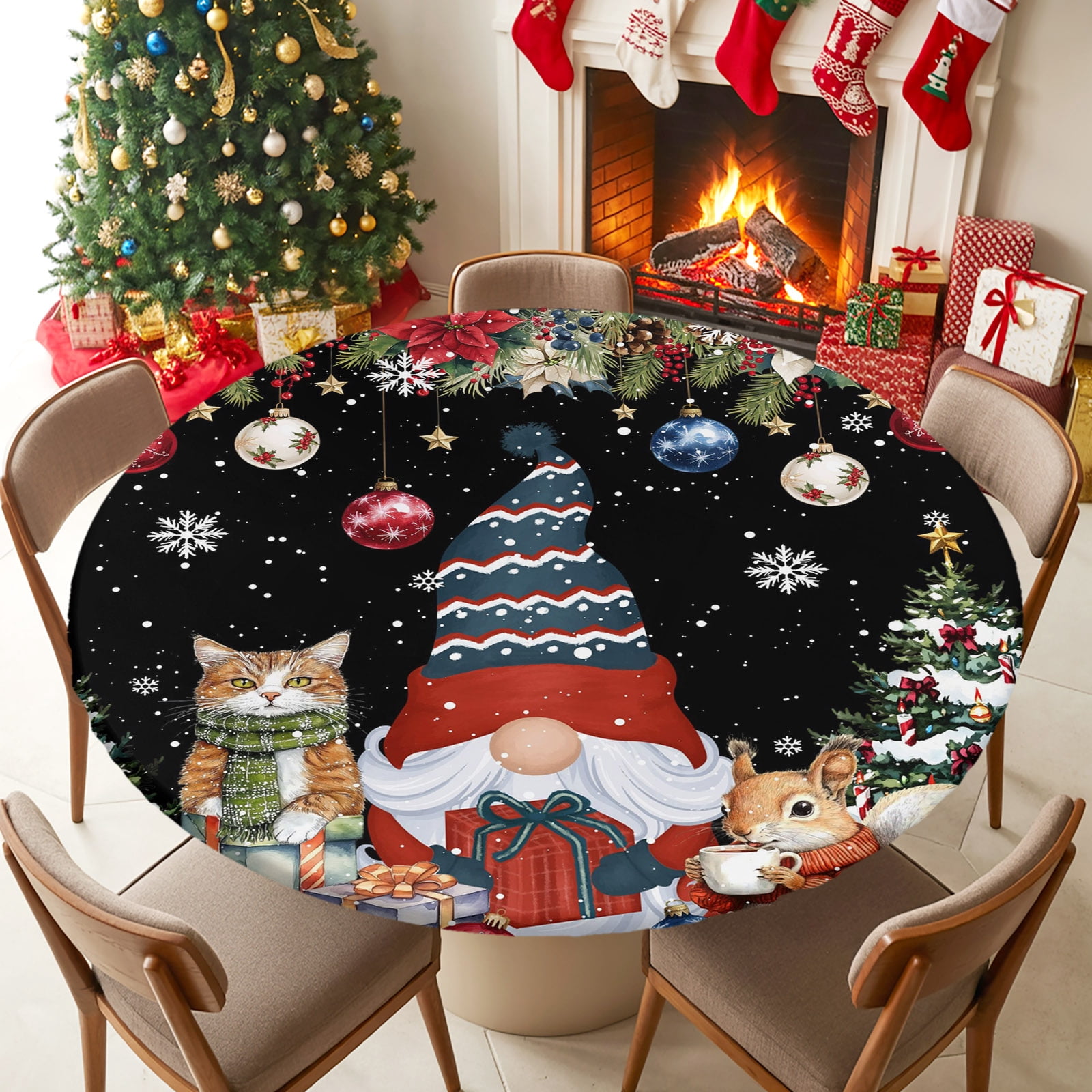 Round Tablecloths with Elastic Edged Christmas Gnome Santa Squirrel Cat ...