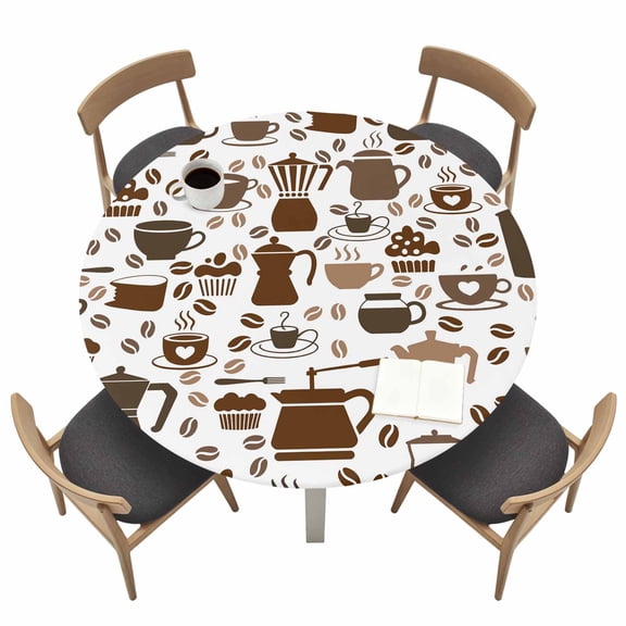 Round Tablecloths with Elastic Edged Coffee Maker Beans Cups Cake Fitted Table Cloth Fits Tables up to 55"-60", Coffee Time Waterproof Table Cover for Indoor Outdoor Party