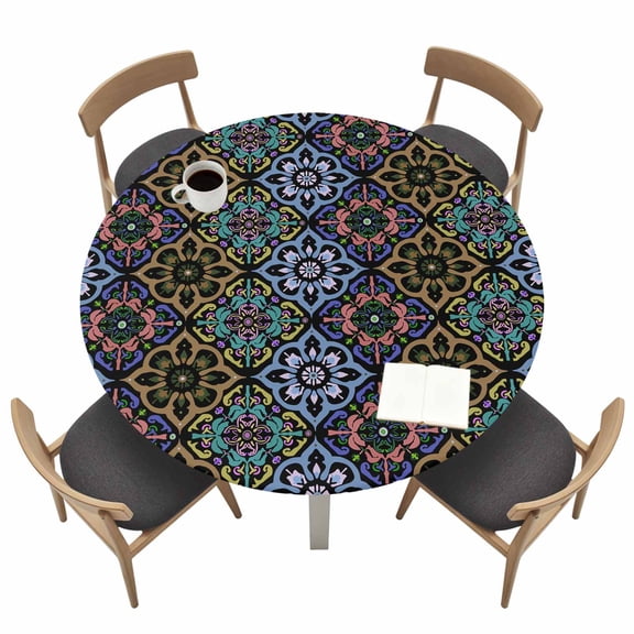 Round Tablecloths with Elastic Edged Damask Baroque Ethnic Floral Bohemian Fitted Table Cloth Fits Tables up to 45"-54", Rhombus Geometric Art Waterproof Table Cover for Indoor Outdoor Party