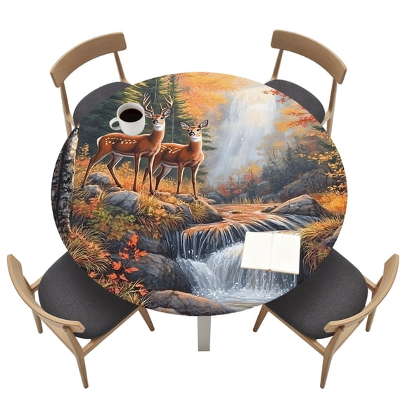 Round Tablecloths with Elastic Edged Forest Deer River Landscape Fitted Table Cloth Fits Tables up to 36"-44", Nature Waterfall Scenery Waterproof Table Cover for Indoor Outdoor Party