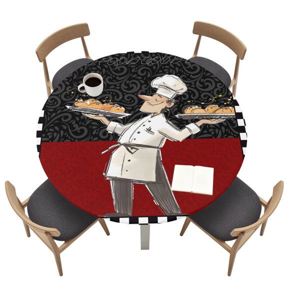 Round Tablecloths with Elastic Edged Funny Chef Kitchen Cooking Fitted Table Cloth Fits Tables up to 36"-44", Black and White Checker Waterproof Table Cover for Indoor Outdoor Party