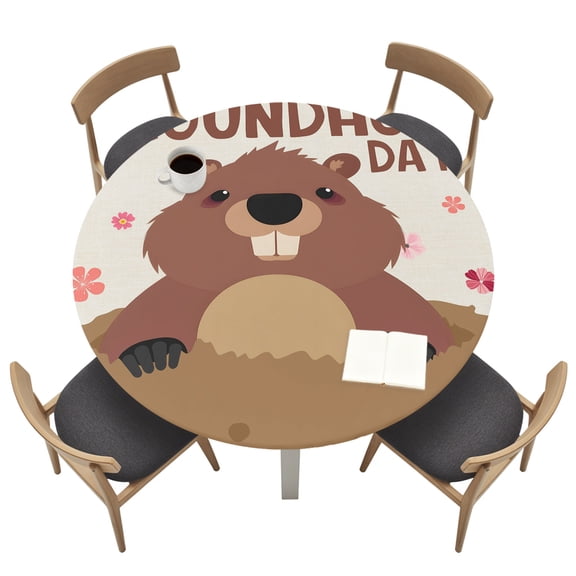 Round Tablecloths with Elastic Edged GROUNDHOG DAY Words Fitted Table Cloth Fits Tables up to 36"-44", Cute Marmot Flowers Waterproof Table Cover for Indoor Outdoor Party