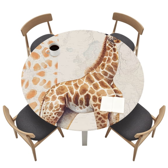 Round Tablecloths with Elastic Edged Giraffe Cute Animals Animal Print Fitted Table Cloth Fits Tables up to 45"-54", Retro Branch Waterproof Table Cover for Indoor Outdoor Party