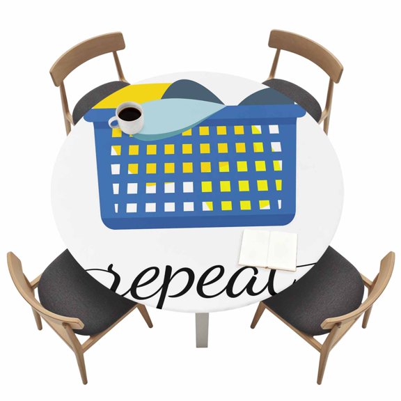 Round Tablecloths with Elastic Edged Laundry Room Minimalist Fitted Table Cloth Fits Tables up to 36"-44", Blue Laundry Basket Waterproof Table Cover for Indoor Outdoor Party