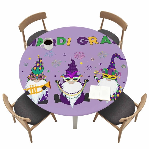 Round Tablecloths with Elastic Edged Mardi Gras Cartoon Cute Dwarfs Fitted Table Cloth Fits Tables up to 36"-44", Purple Waterproof Table Cover for Indoor Outdoor Party