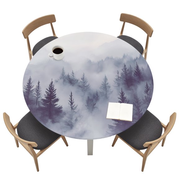 Round Tablecloths with Elastic Edged Natural Misty Mountain Tree Forest Fitted Table Cloth Fits Tables up to 55"-60", Wild Hill Foggy Scenery Waterproof Table Cover for Indoor Outdoor Party