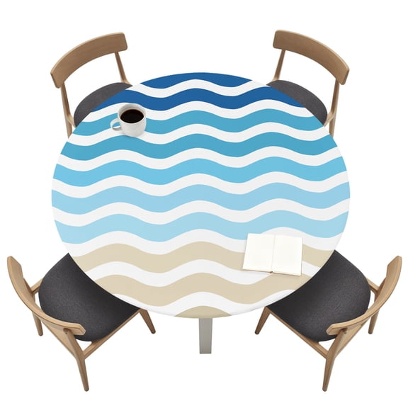 Round Tablecloths with Elastic Edged Navy Blue Gradient Water Ripple Fitted Table Cloth Fits Tables up to 36"-44", Summer Coastal Ocean Theme Waterproof Table Cover for Indoor Outdoor Party