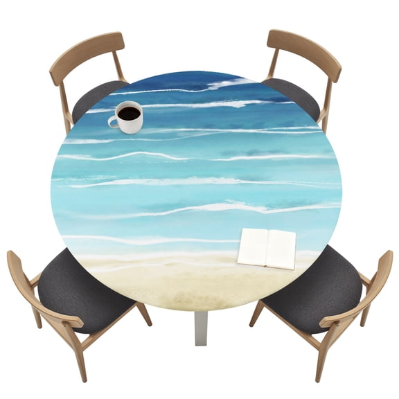 Round Tablecloths with Elastic Edged Navy Blue Gradient Water Ripple Fitted Table Cloth Fits Tables up to 36"-44", Summer Ocean Theme Waterproof Table Cover for Indoor Outdoor Party