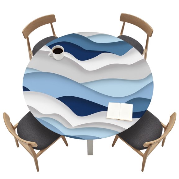 Round Tablecloths with Elastic Edged Ocean Blue Gradient Water Ripples Fitted Table Cloth Fits Tables up to 36"-44", Coastal Nautical Theme Waterproof Table Cover for Indoor Outdoor Party