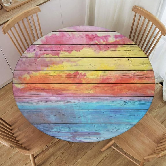 Round Tablecloths with Elastic Edged Old Wooden Board in Rainbow Colors Texture Background Table Covers for Indoor Outdoor Party Picnic, Fit for Diameter 24.2"-28.1" Round Table, Style 152