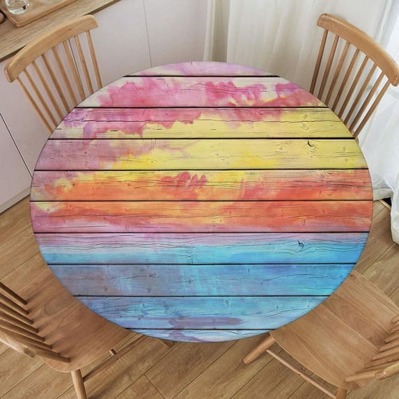 Round Tablecloths with Elastic Edged Old Wooden Board in Rainbow Colors Texture Background Table Covers for Indoor Outdoor Party Picnic, Fit for Diameter 24.2"-28.1" Round Table, Style 152