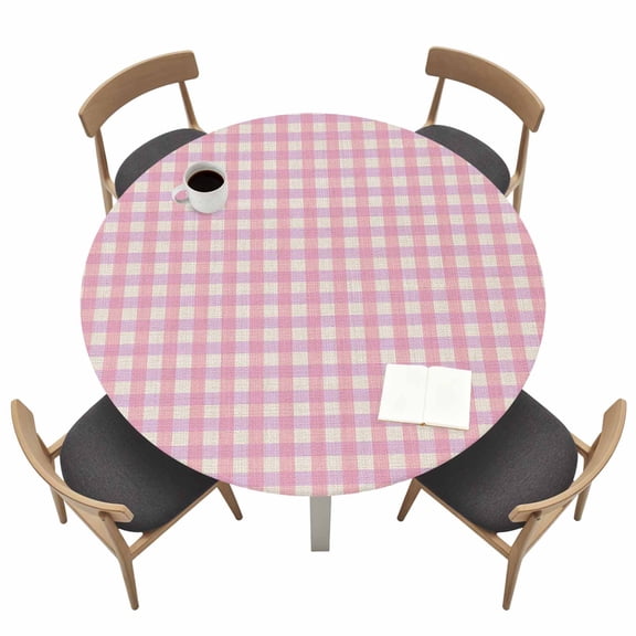 Round Tablecloths with Elastic Edged Pink Gingham on Linen Fitted Table Cloth Fits Tables up to 55"-60", Modern Plaid Lattice Waterproof Table Cover for Indoor Outdoor Party