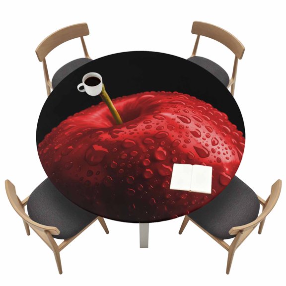 Round Tablecloths with Elastic Edged Red Apples Painting Fitted Table Cloth Fits Tables up to 36"-44", Water Drop Fruit on Black Waterproof Table Cover for Indoor Outdoor Party