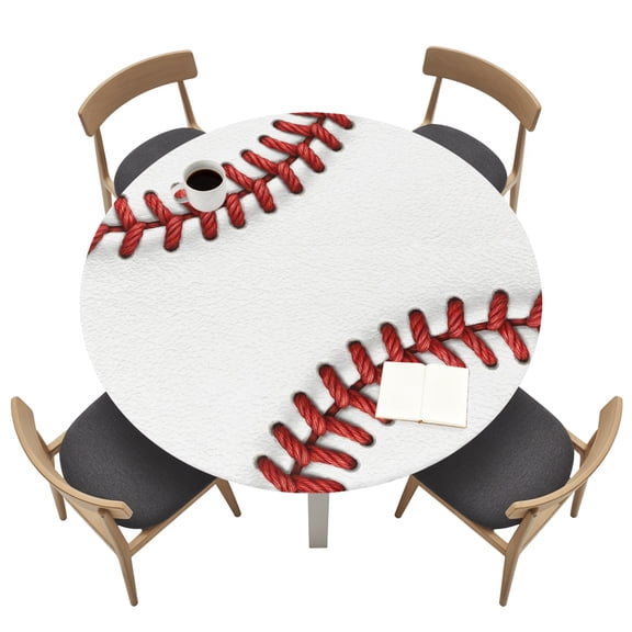 Round Tablecloths with Elastic Edged Red White Baseball Stitching Texture Fitted Table Cloth Fits Tables up to 36"-44", Sport Theme Waterproof Table Cover for Indoor Outdoor Party