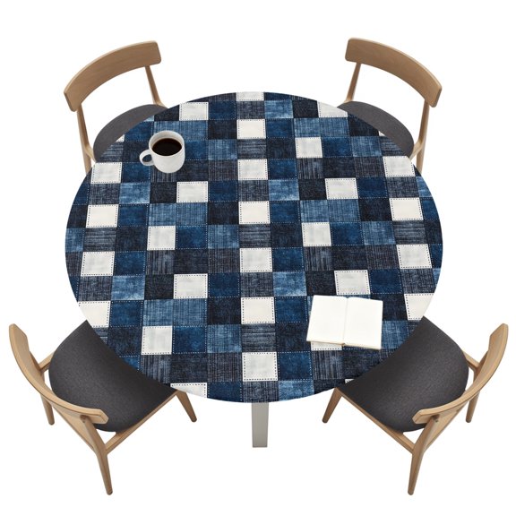 Round Tablecloths with Elastic Edged Retro Blue Black Buffalo Check Fitted Table Cloth Fits Tables up to 36"-44", Checkered Plaid Seamless Waterproof Table Cover for Indoor Outdoor Party