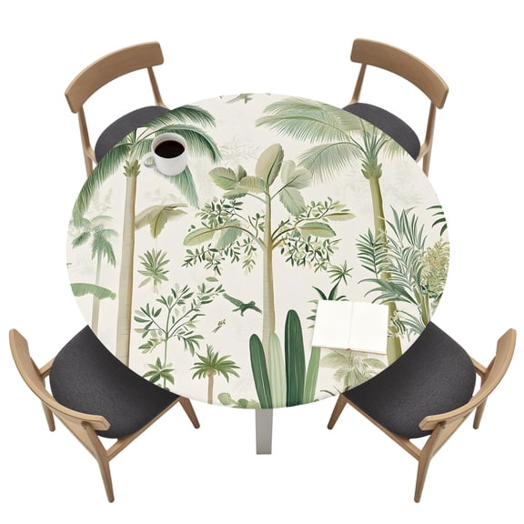 Round Tablecloths with Elastic Edged Retro Tropical Forest Scene Fitted Table Cloth Fits Tables up to 36"-44", Green Coconut Tree Bird Waterproof Table Cover for Indoor Outdoor Party