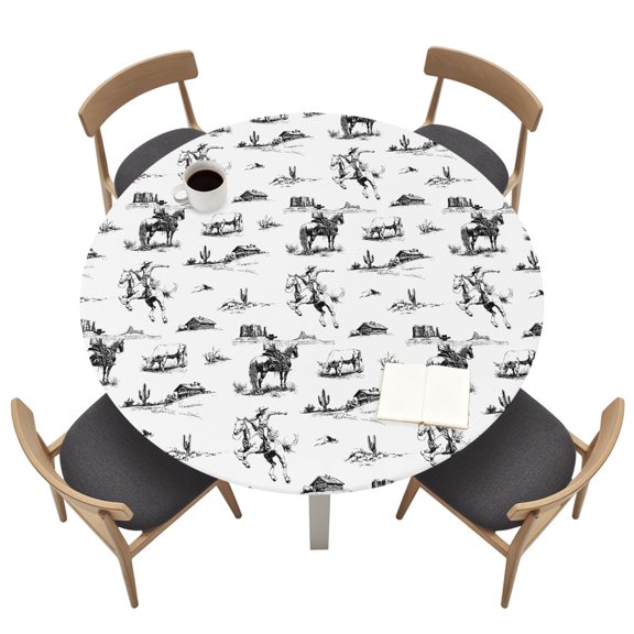 Round Tablecloths with Elastic Edged Retro Western Cowboy Fitted Table Cloth Fits Tables up to 36"-44", Gray Black Farm Animals Horse Waterproof Table Cover for Indoor Outdoor Party
