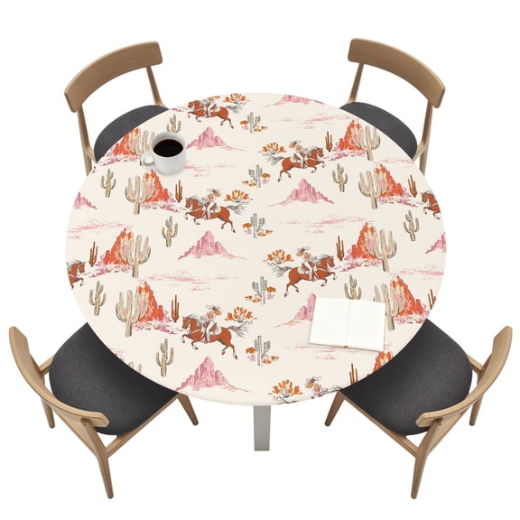 Round Tablecloths with Elastic Edged Retro Western Ethnic Cowboy Cactus Fitted Table Cloth Fits Tables up to 36"-44", Cream Pink Desert Waterproof Table Cover for Indoor Outdoor Party