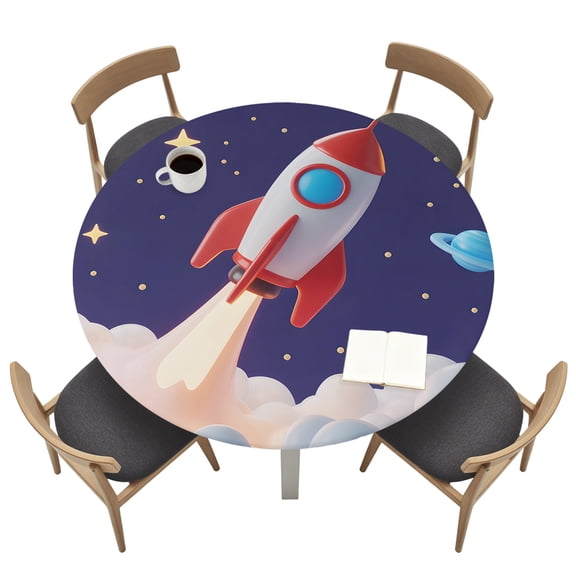 Round Tablecloths with Elastic Edged Rocket Space Universe Planet Fitted Table Cloth Fits Tables up to 36"-44", Night Star Cartoon Style Waterproof Table Cover for Indoor Outdoor Party