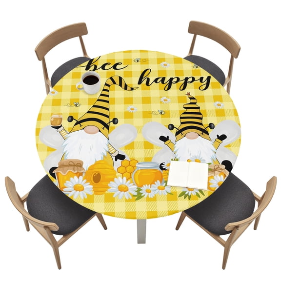Round Tablecloths with Elastic Edged Rustic Dwarf Bee Flower Fitted Table Cloth Fits Tables up to 45"-54", Pastoral Theme Yellow Buffalo Plaid Waterproof Table Cover for Indoor Outdoor Party