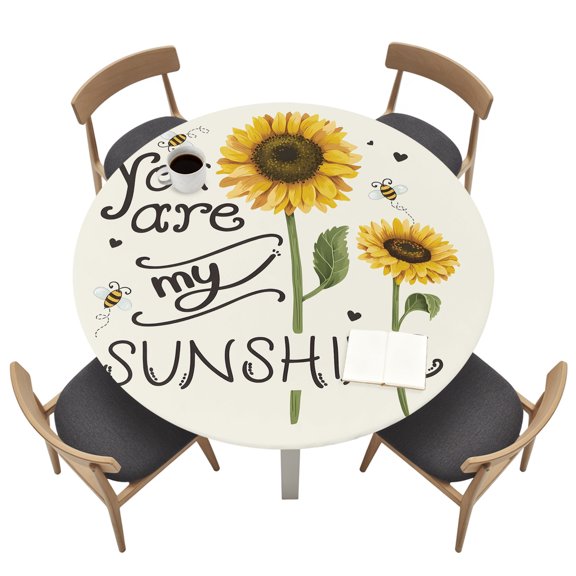 Round Tablecloths with Elastic Edged SUNSHINE Sunflower Quotes Fitted Table Cloth Fits Tables up to 36"-44", Retro Yellow Floral Waterproof Table Cover for Indoor Outdoor Party