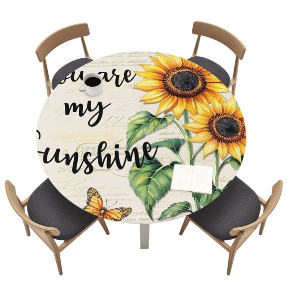 Round Tablecloths with Elastic Edged Spring Rustic Sunflower Butterfly Fitted Table Cloth Fits Tables up to 36"-44", Sunshine Text on Retro Letter Waterproof Table Cover for Indoor Outdoor Party