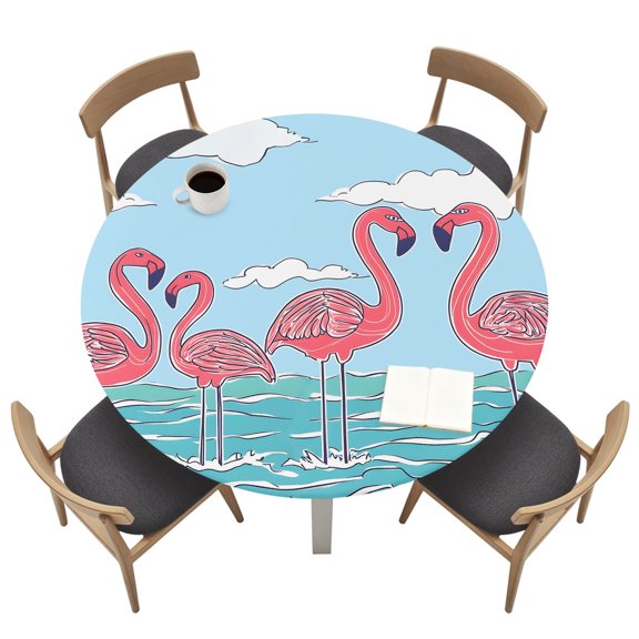 Round Tablecloths with Elastic Edged Summer Flamingo Cartoon Style Fitted Table Cloth Fits Tables up to 36"-44", Blue Ocean Water Ripple Waterproof Table Cover for Indoor Outdoor Party