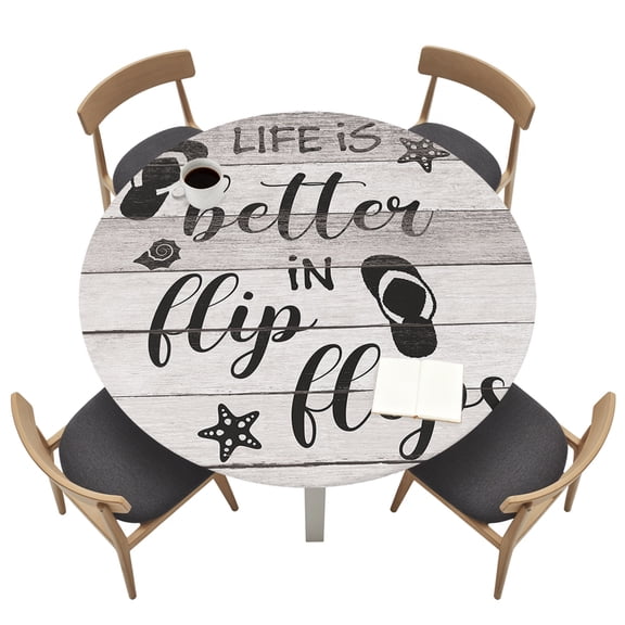Round Tablecloths with Elastic Edged Summer Ocean Theme Texts with Flip Flops Fitted Table Cloth Fits Tables up to 36"-44", Wooden Grain Waterproof Table Cover for Indoor Outdoor Party