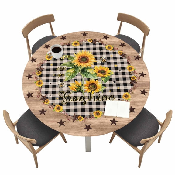 Round Tablecloths with Elastic Edged Summer Sunflower Country Star Fitted Table Cloth Fits Tables up to 55"-60", Retro Black Gingham Check Waterproof Table Cover for Indoor Outdoor Party