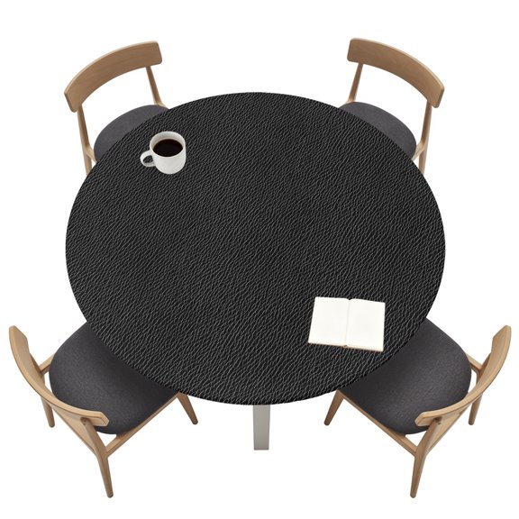 Round Tablecloths with Elastic Edged Vintage Solid Black Leather Fitted Table Cloth Fits Tables up to 36"-44", Retro Cowhide Texture Waterproof Table Cover for Indoor Outdoor Party