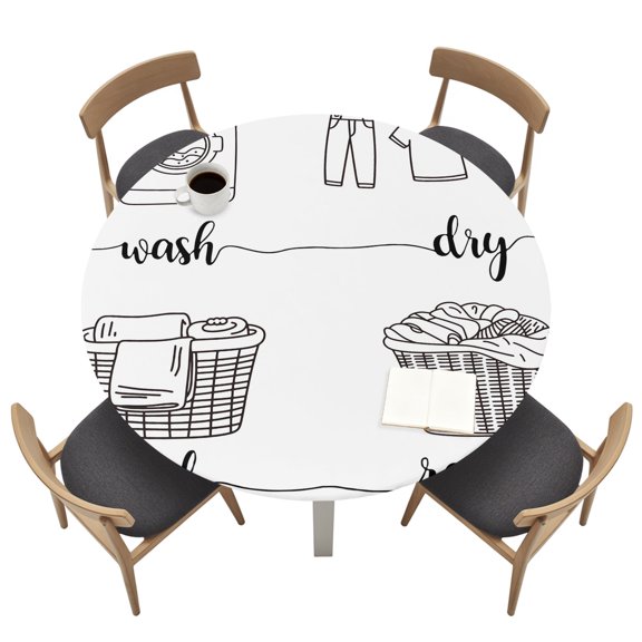Round Tablecloths with Elastic Edged Wash Dry Fold Repeat Words Fitted Table Cloth Fits Tables up to 36"-44", Cartoon Laundry Steps Waterproof Table Cover for Indoor Outdoor Party