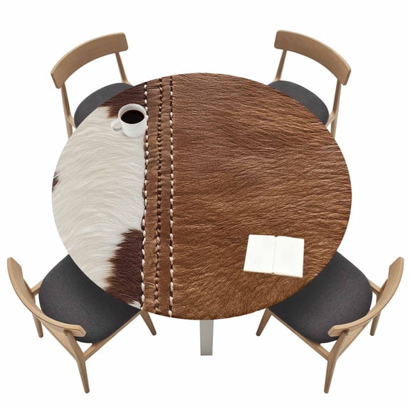 Round Tablecloths with Elastic Edged Western Cow Leather Texture Fitted Table Cloth Fits Tables up to 36"-44", Abstract Brown White Cow Print Waterproof Table Cover for Indoor Outdoor Party