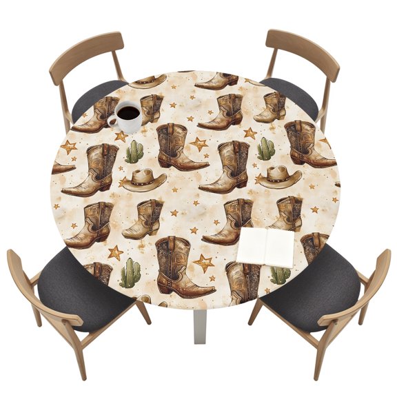 Round Tablecloths with Elastic Edged Western Cowboy Desert Fitted Table Cloth Fits Tables up to 36"-44", Watercolor Boots Hat Cactus Star Waterproof Table Cover for Indoor Outdoor Party