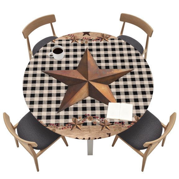 Round Tablecloths with Elastic Edged Western Star Vintage Plank Fitted Table Cloth Fits Tables up to 36"-44", Farmhouse Black Buffalo Plaid Waterproof Table Cover for Indoor Outdoor Party