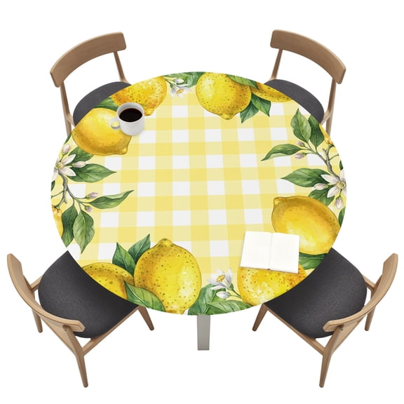 Round Tablecloths with Elastic Edged Yellow Lemon White Floral Fitted Table Cloth Fits Tables up to 45"-54", Farmhouse Flower Fruit Yellow Check Waterproof Table Cover for Indoor Outdoor Party