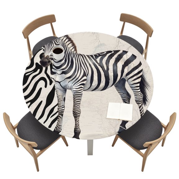 Round Tablecloths with Elastic Edged Zebra Black Stripe Animal Portrait Fitted Table Cloth Fits Tables up to 36"-44", Vintage Tree Branch Waterproof Table Cover for Indoor Outdoor Party