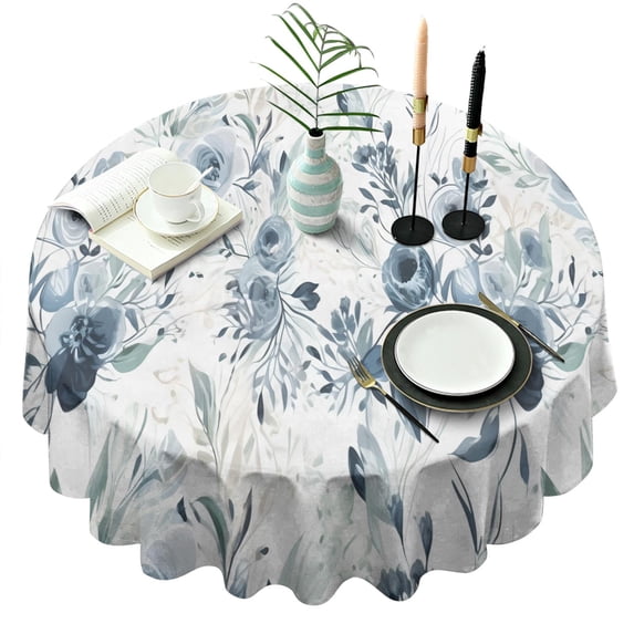 Round Tablecloths Teal Flowers (2) Table Cloth Waterproof Fabric Oil-Proof Wrinkle Free Soft Table Covers for Dining Kitchen Parties Wipeable Tabletop Cover 60x60 Inch