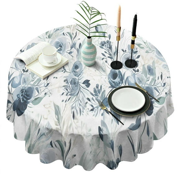 Round Tablecloths Teal Flowers (2) Table Cloth Waterproof Fabric Oil-Proof Wrinkle Free Soft Table Covers for Dining Kitchen Parties Wipeable Tabletop Cover 60x60 Inch