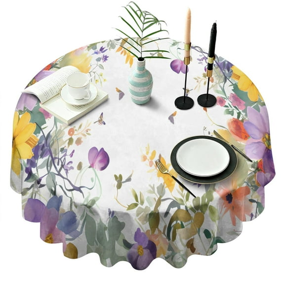 Round Tablecloths Yellow Purple Flower Table Cloth Water Resistant Fabric Stain-Resistant Wrinkle Free Soft Table Covers for Dining Kitchen Parties Heavy Weight Tabletop Cover 60x60 Inch