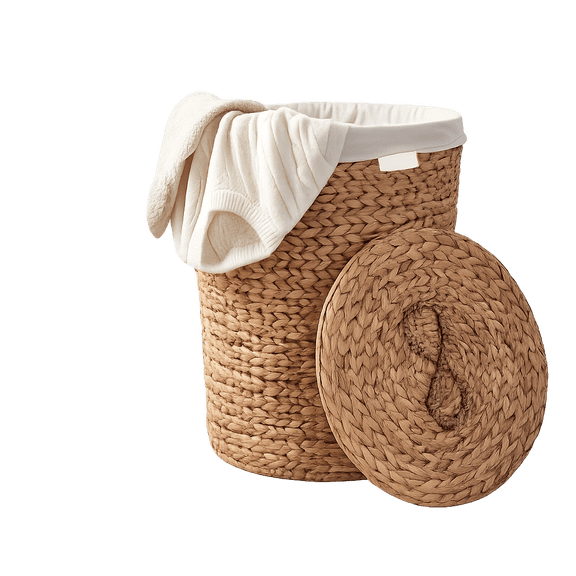 Round Tall Water Hyacinth Woven Wicker Laundry Hamper with Lid for Clothes, Canvas, Toys and Book Storage with Removable Liner, 18" x 18" x 23" Natural Brown