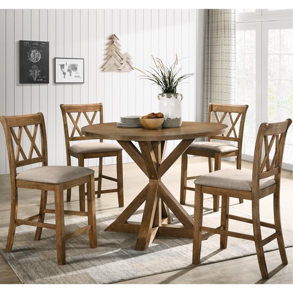 Round Tan Wood 5-Piece Counter Height Dining Set with Chair Back Detail - Add Character to Dining