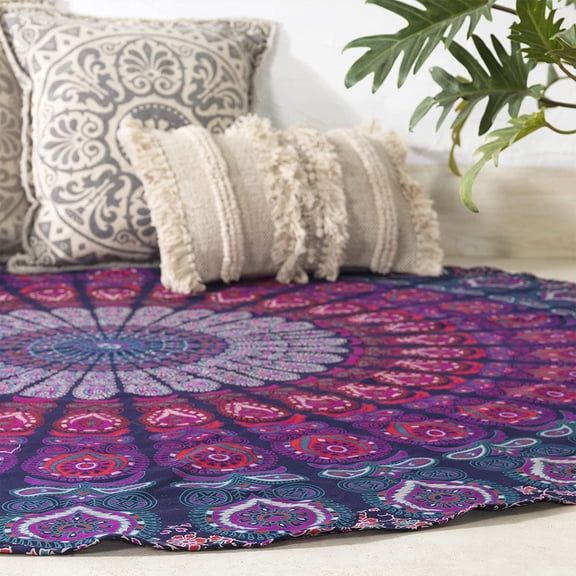 Round Tapestry Indian Mandala Beach Throw Tapestry Wall Hanging Hippy Boho Gypsy Cotton Tablecloth, Yoga Sheet 60" Blue Multi