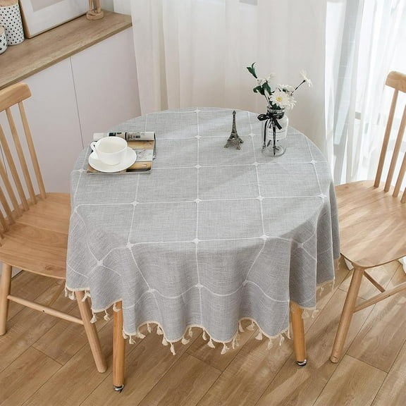 Round Tassel Plaid Tablecloth, Polyester Cotton Table Cover, Table Cloth for Kitchen Dining Room Tabletop Decorations, Round 48", Grey