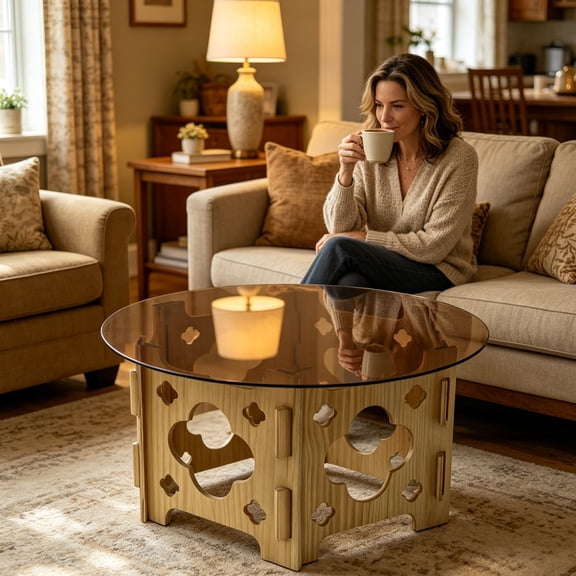 Round Tea-Toned Tempered Glass Coffee Table, Hidden Cat Cave 2-in-1, Carved Wood Base, Easy Clean, Pet Friendly Modern