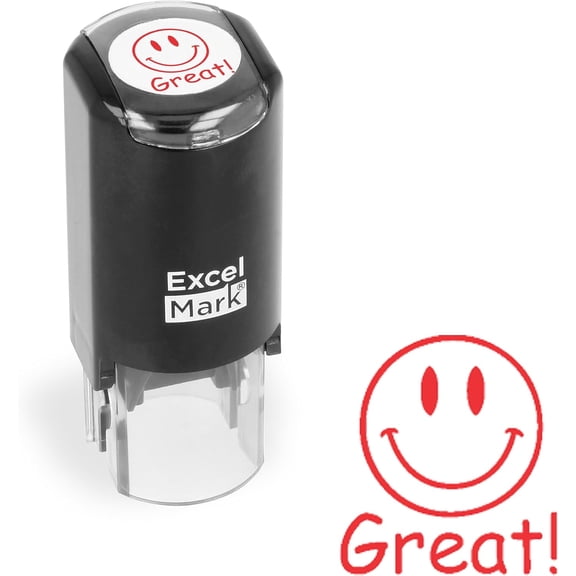 ExcelMark Great! Smiley Face - Self-Inking Round Teacher Stamp - Red Ink