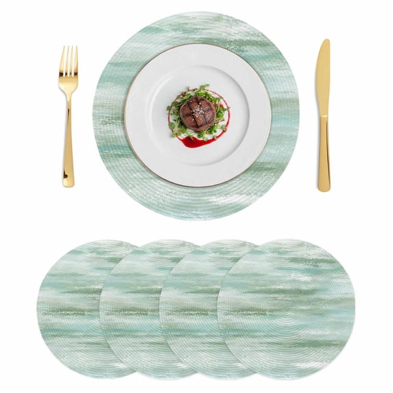 Rustic Textured Abstract Round Teal Green Texture Placemats Set of 4, 15 Inch PP Woven Place ...