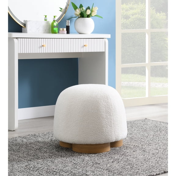 Round Teddy Fabric Ottoman Footrest, Fully Assembled Upholstered Footstool with Soft Padded Seat, Modern Accent Stool for Sofa Bedroom Entryway Extra Seating,White