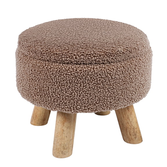 Round Teddy Fleece Storage Ottoman, Footrest Stool with Wooden Legs, Brown