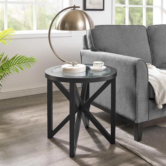 Round Tempered Glass Coffee Table, Clear Top, Solid Poplar Base, 250lbs Capacity, Mid-Century Modern, Living Room & Study