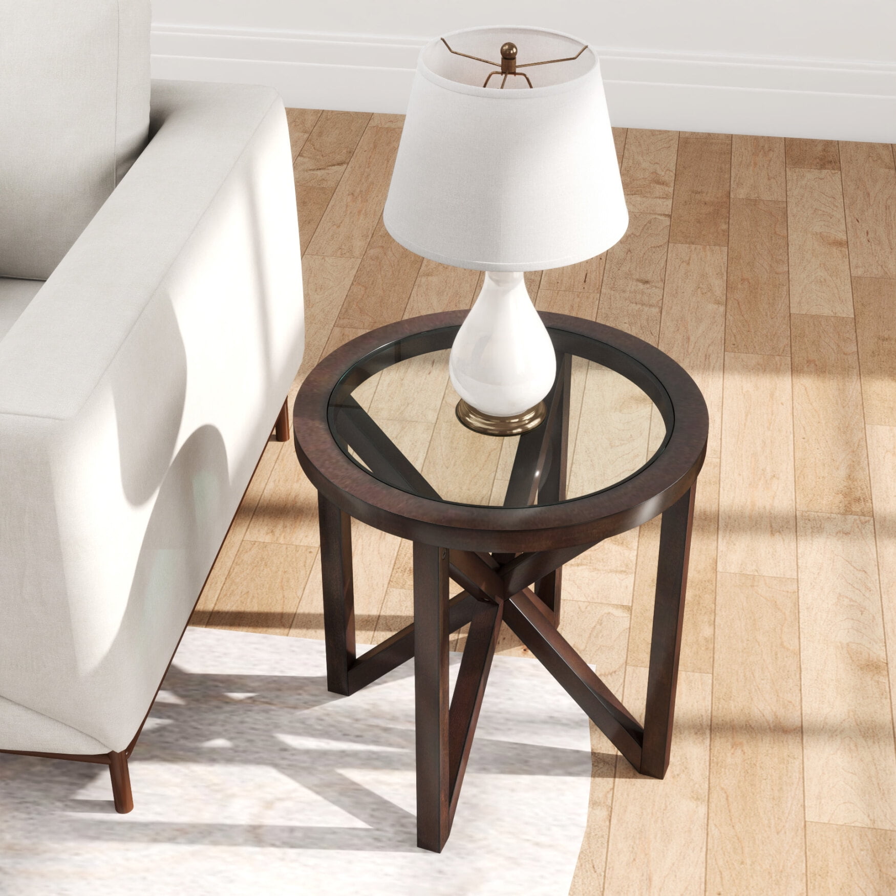 Round Tempered Glass Coffee Table, Sofa Side Table with Solid Wood ...